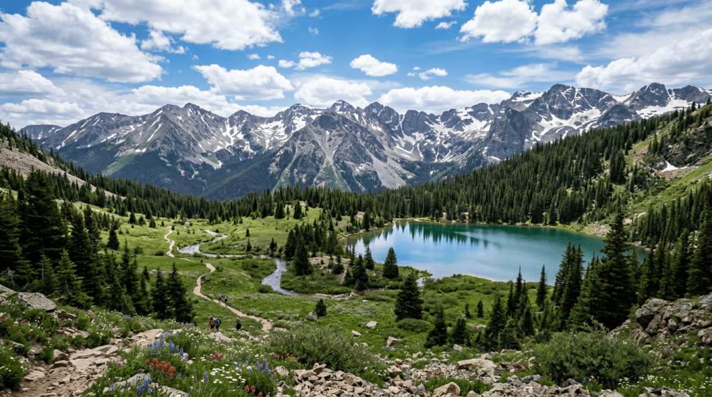 Mountain trail with hikers, wildflowers, alpine lake, pine trees, and snow-capped mountains